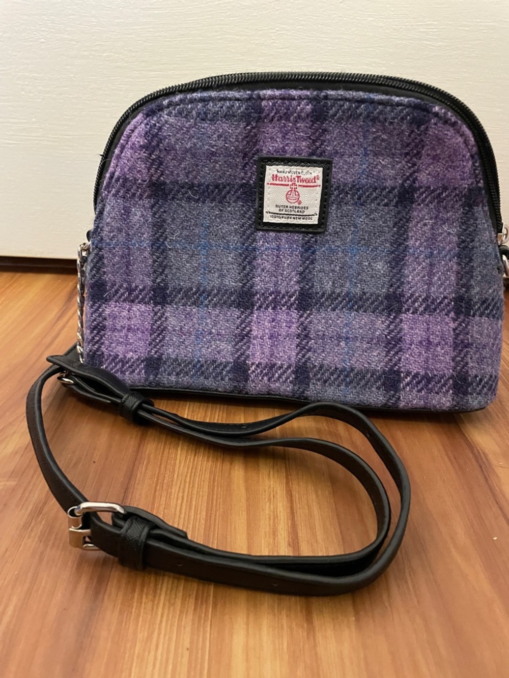 Harris Tweed Purple Plaid Tartan Crossbody Bag with Black Strap